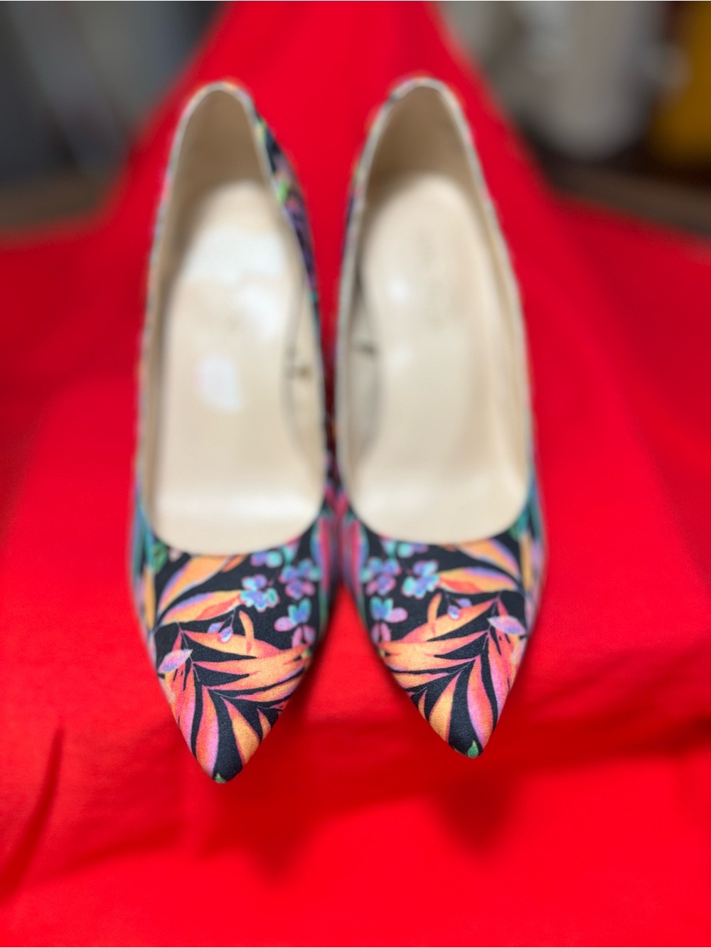Nine West Black Floral Pointed-Toe Pumps with Orange and Blue Accents
